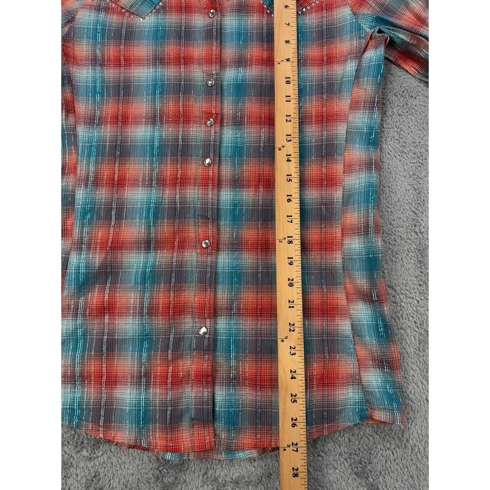 Wrangler Button Up Shirt Women S Rust Blue Metallic Plaid Embellished Cowboy - Picture 5 of 7